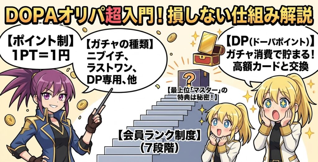 dopaオリパのガチャ演出や種類、アイとの仕組みなどを説明する画像