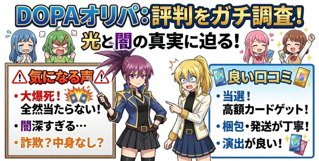 dopaオリパの詐欺と言われている口コミや当選報告の口コミを解説する画像
