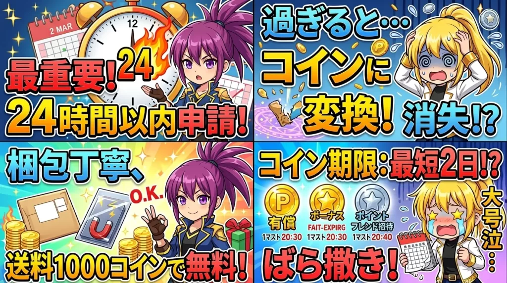 アヤメとヒカリがスマホを眺めながら、24時間以内の発送申請ルールや配送目安、各種コインの有効期限など、オリくじの発送ルールと仕様の要約を確認している様子