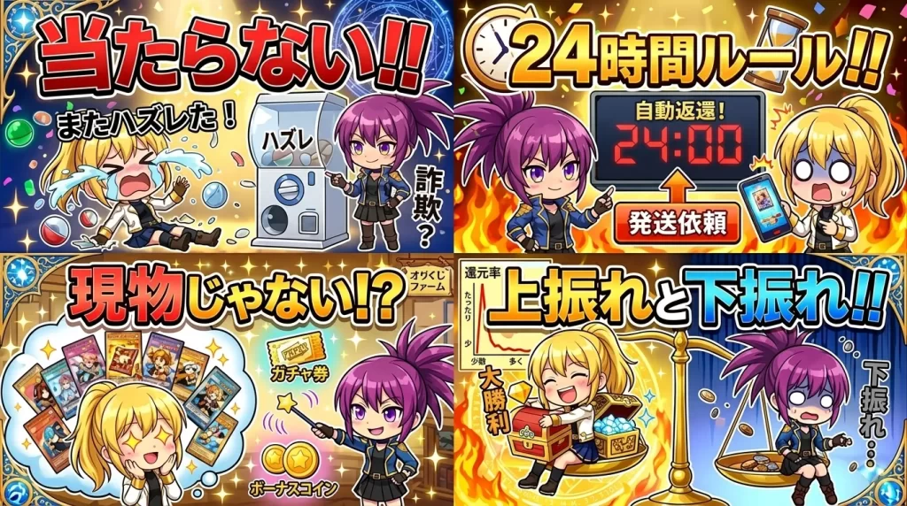 アヤメとヒカリがスマホを眺めながら、「オリくじ」が怪しいと言われる背景にある、当たらない不満や24時間での自動返還ルール、育成ゲームへの期待のギャップ、結果の下振れといったネット上の批判や誤解について話し合っている様子