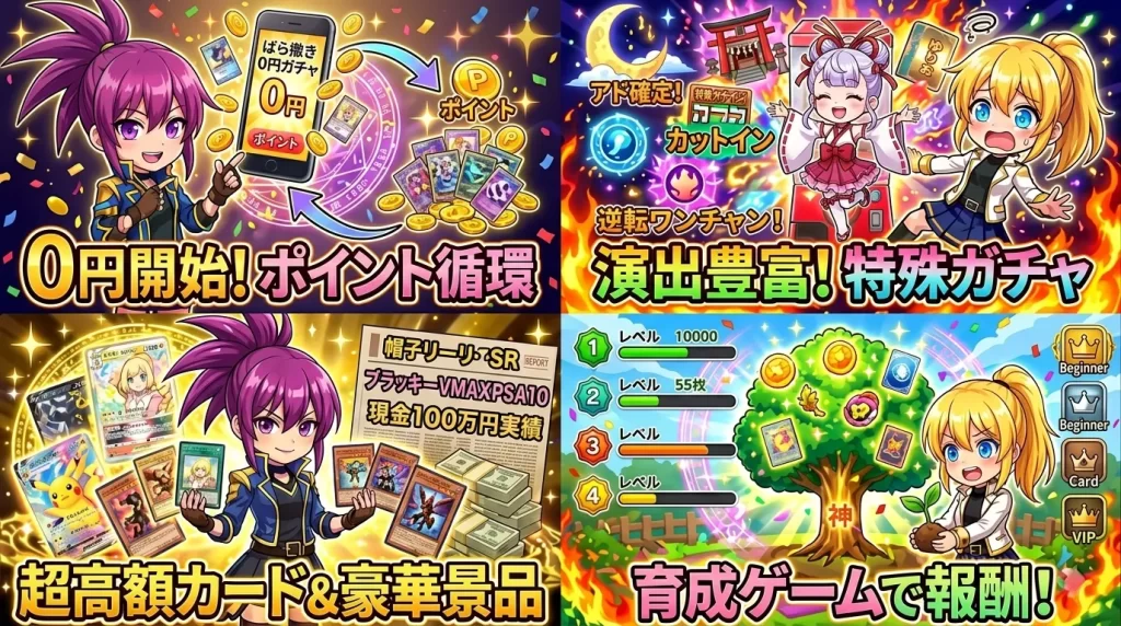 アヤメとヒカリがスマホを眺めながら、0円から楽しめるばら撒きガチャや多彩な演出、豊富なカードジャンル、ゲーム要素(オリくじファームなど)といった、オリくじの特徴や他サービスとの違いをワクワクしながら紹介している様子