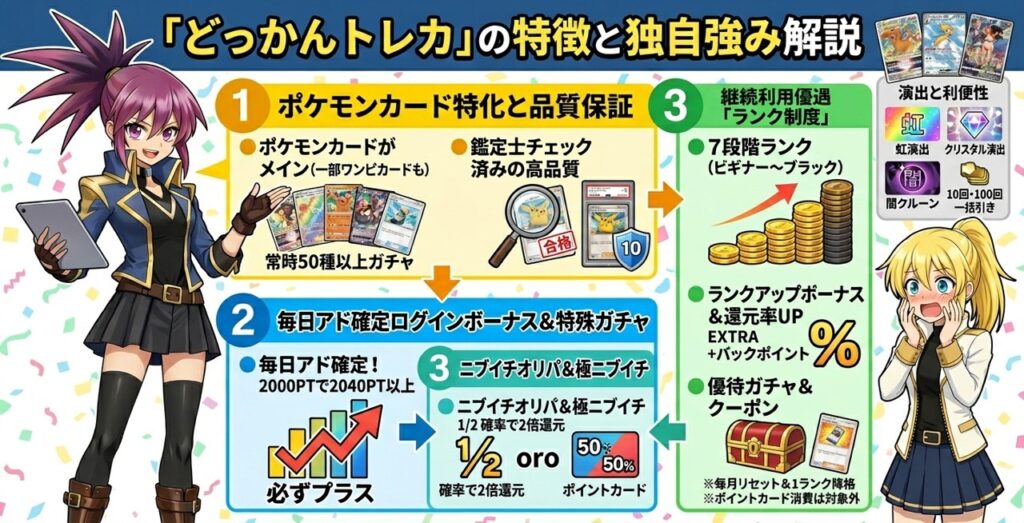 
「どっかんトレカ」の特徴と独自強みをまとめた解説画像。ポケモンカードをメインとした常時50種以上のガチャと鑑定士による品質保証、毎日必ずプラスになるアド確定ログインボーナス、1/2の確率で2倍還元されるニブイチオリパなどの特殊ガチャについて紹介しています。さらに、継続利用を優遇する7段階のランク制度により、ランクアップボーナスや還元率アップ、優待ガチャやクーポンが受けられる点に加え、虹演出やクリスタル演出といった多彩な演出と利便性の高い一括引き機能についても解説しています。