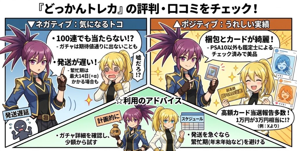 「どっかんトレカ」の評判と口コミをまとめたインフォグラフィック画像。ネガティブな側面として「100連でも当たらない場合がある期待値の乖離」や「繁忙期に最大14日以上かかる発送の遅れ」を紹介する一方、ポジティブな側面として「鑑定士によるチェック済みの綺麗な梱包とカード状態」や「1万円が3万円相当になるような高額カードの当選報告」を掲載しています。これらを踏まえた利用アドバイスとして、ガチャ詳細を確認し少額から計画的に楽しむことや、発送を急ぐ際は年末年始などの繁忙期を避けるスケジュール管理の重要性を解説しています。