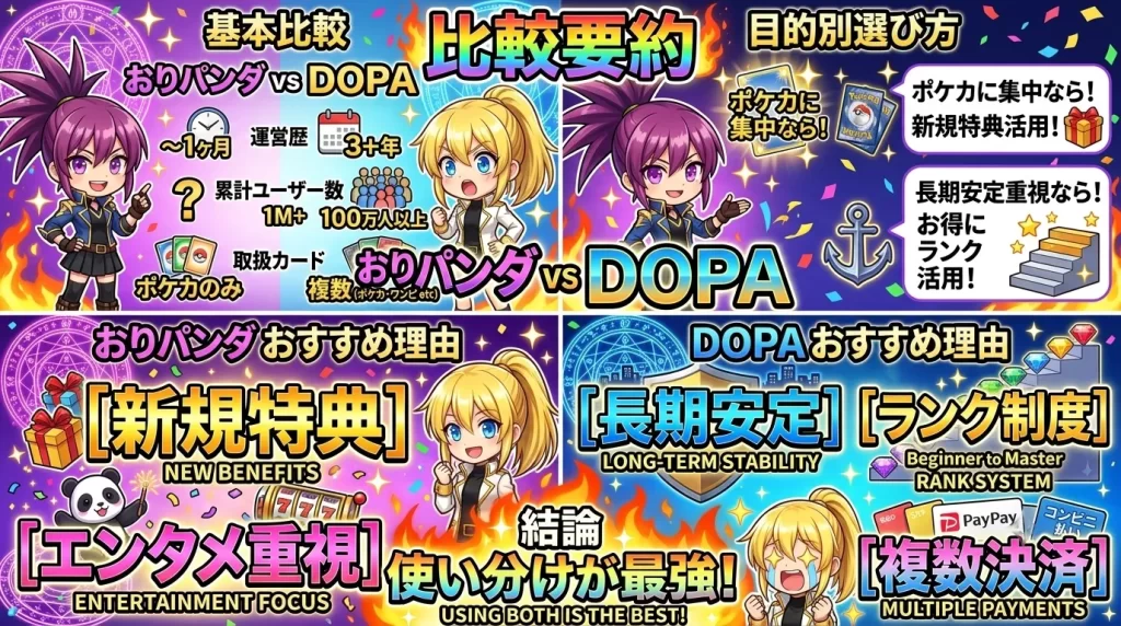 アヤメとヒカリが「おりパンダ」の新規特典の豪華さと「DOPA」の圧倒的な運営実績やランク制度を比較し、それぞれの特徴や選び方を解説するイメージイラスト