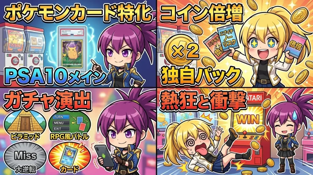 アヤメとヒカリがポケモンカードのPSA10鑑定品を手に持ち、ピラミッド探検やRPG風バトル、大逆転演出といった多彩なガチャ演出で盛り上がる様子。初心者にも分かりやすい価格帯で、アド確パックや倍倍チャレンジを楽しめる「おりパンダ」のガチャ体験イメージ。