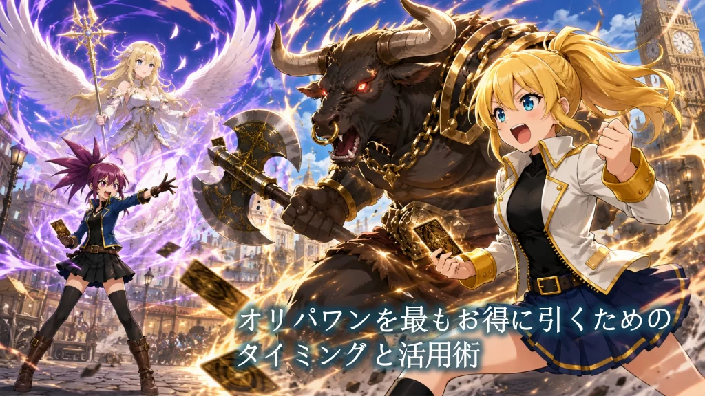 還元率の高いガチャの選び方やジャックポット・ランク制度の活用、公式SNSのフォローなど、オリパワンを最もお得に利用するタイミングと活用術を解説したセクションの見出し
