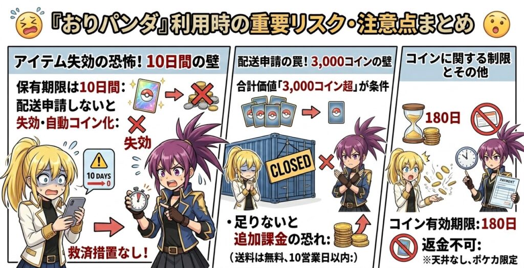 おりパンダの注意事項、ポイント有効期限や発送期限、発送の際の必要PTなどの説明