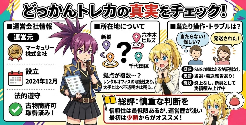どっかんトレカの重要ルールまとめ。ポイント有効期限90日、発送申請期限7日以内（14日は古い情報）、3000PT以上で送料無料、トラブル時の開封動画必須、複数アカウント禁止などの注意事項を解説した図解