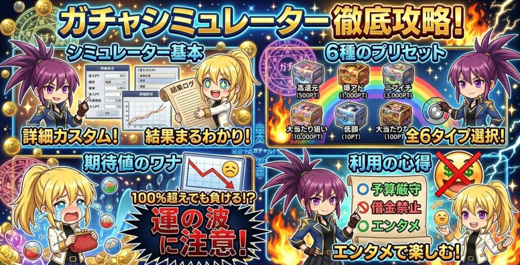 
オンラインオリパの「ガチャシミュレーター」機能を解説したインフォグラフィック画像。金額、回数、還元率、当たり確率などの詳細設定が可能で、「高還元」「爆アド」「ニブイチ」「大当たり狙い」「低額」「大当たりなし」の計6種のガチャ体験ができます。シミュレーション後は投入額、リターン、損益（プラス・マイナスのパーセント表示）をグラフと共に分析できる一方、期待値とのズレや運の波によるリスクについても注意を促しており、本番の利用は予算内で行うようアドバイスしています。