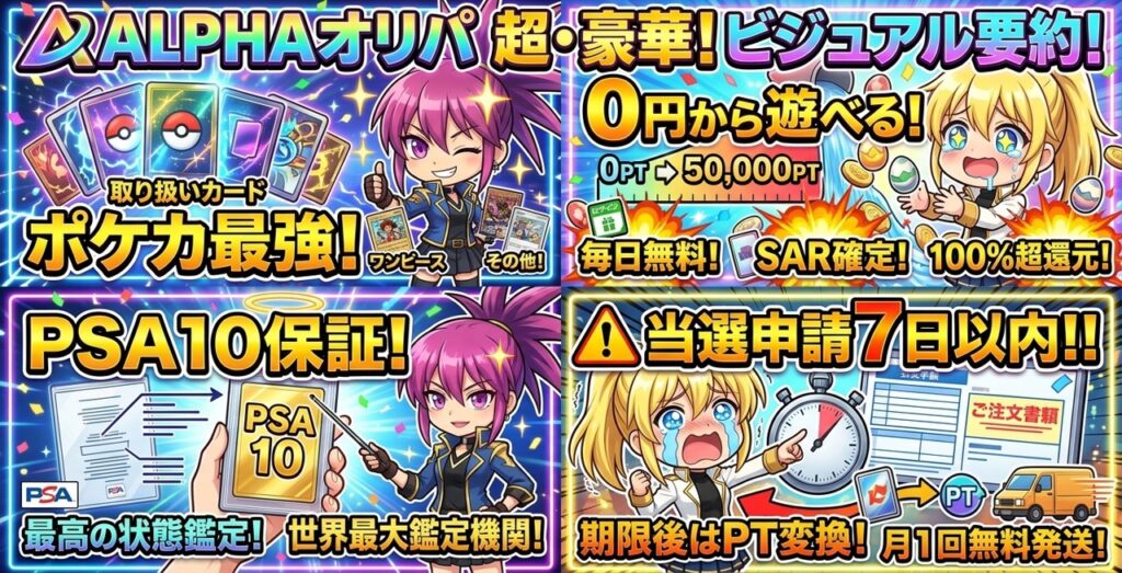 ALPHAオリパ（アルファオリパ）の基本情報まとめ。ポケカ・ワンピカード等の取り扱い、PSA10確定ガチャ、0円から遊べる毎日無料・100%超還元ガチャの特徴と、当選申請の期限（7日以内）や月1回無料配送の注意点。