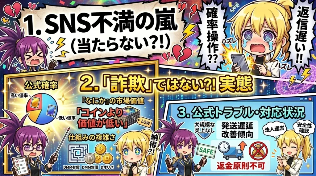 Dオリパが詐欺や怪しいと言われる理由を解説した画像。SNSの不満(当たらない、確率操作、返信遅い)、実際の価値(コインより価値が低い)、公式の対応状況(発送遅延の改善、返金不可、法人運営の安全性)を3つのポイントでまとめています。