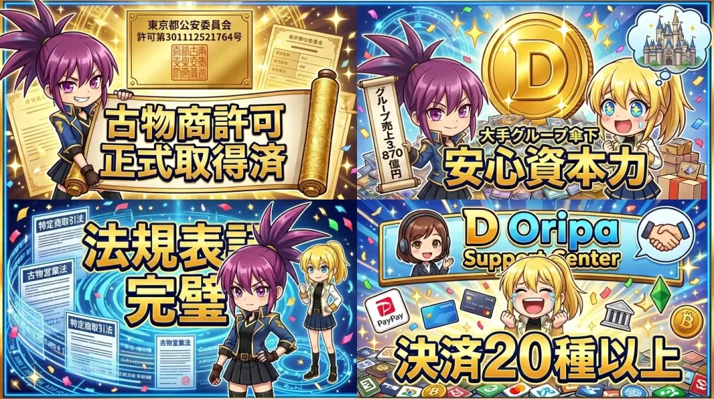 Dオリパの安全性を裏付ける4つの根拠を解説した画像。古物商許可の正式取得(東京都公安委員会)、大手グループ傘下の安心資本力(グループ売上3,870億円)、特定商取引法などの法規表記、PayPayを含む20種類以上の決済方法対応についてまとめています。