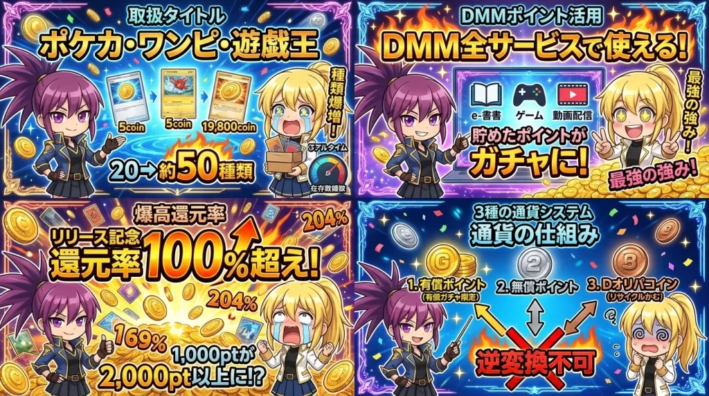 Dオリパの特徴とサービス概要を解説した画像。取扱タイトル(ポケカ・ワンピ・遊戯王)や20種類から50種類への拡大、DMM全サービスで使えるDMMポイント活用、リリース記念の爆高還元率100%超え、3種の通貨システム(有償ポイント、無償ポイント、Dオリパコイン)の仕組みについてまとめています。