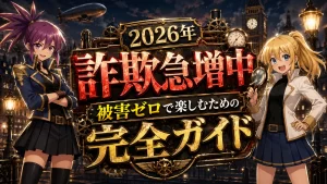 2026年のオンラインオリパ詐欺急増を警告する、紫髪と金髪の女性キャラクターが描かれたスチームパンク風のバナー画像。「詐欺急増中」「被害ゼロで楽しむための完全ガイド」の文字。