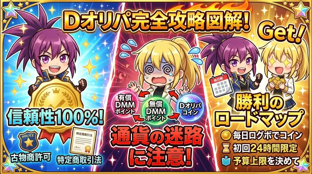Dオリパの評判や口コミをまとめた画像。気になる点（演出がしょぼい、ガチャ種類が少ない、上位賞が激渋）と、評価されているポイント（SNSでの当選報告多数、少額での高額当選、爆速丁寧発送、DMMグループ運営の安心感）を比較解説しています。