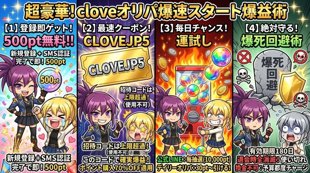 アヤメとヒカリが笑顔でcloveオリパのまとめと登録前チェックリスト（招待コードよりクーポンとSMS認証、公式LINEやキャンペーンの活用、発送や有効期限の注意点）を最終確認している画像