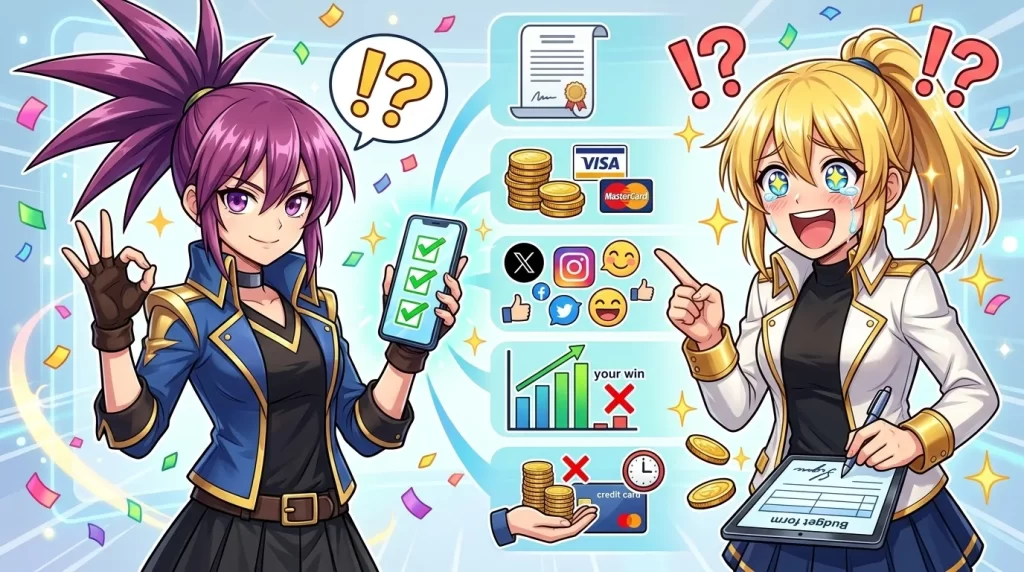 【2026年最新版】紫髪のアヤメと金髪のヒカリが「安全なオリパデビュー チェックリスト」を確認し、古物商許可や決済手段など5つの要点を満たして笑顔で安全に楽しもうとする、注意喚起と期待感を伝えるイメージ画像。