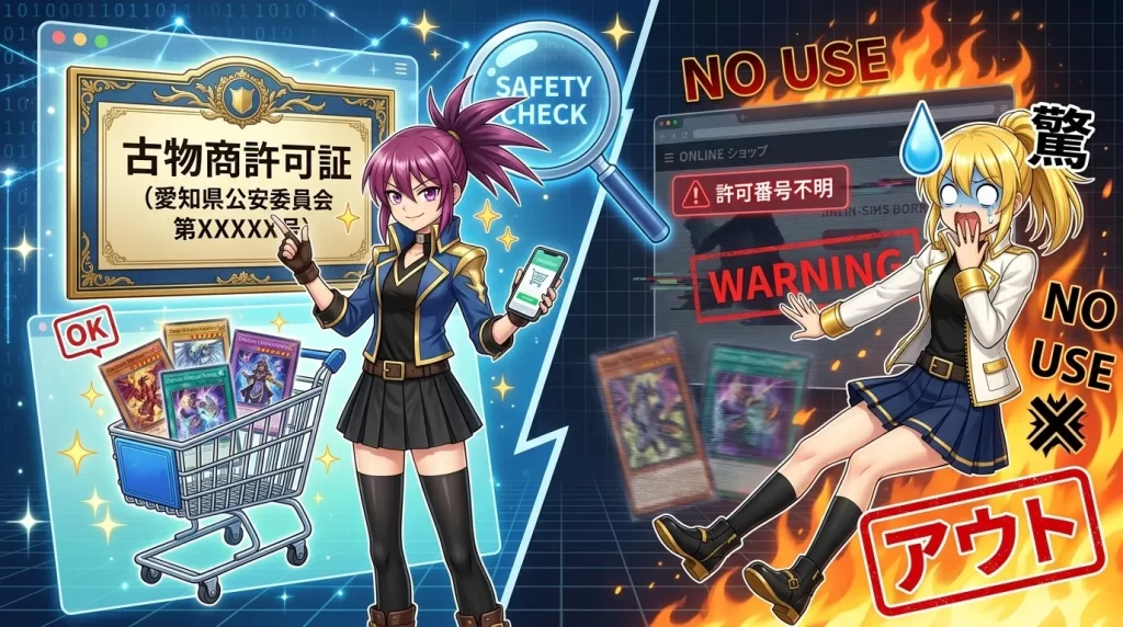 紫髪のアヤメと金髪のヒカリが納得した表情でサイトの最下部を確認し、オンラインオリパの信頼性を判断する最重要基準である「古物商許可番号」の有無と、記載がないサイトの利用を避けるべき重要性を伝えるイメージ画像。