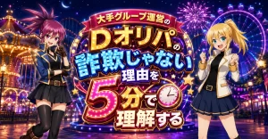 大手グループ運営のDオリパが詐欺ではない理由を5分で理解するためのアイキャッチ画像。遊園地の夜景や花火を背景に、「Dオリパの詐欺じゃない理由を5分で理解する」というテキストと、ポーズを決める紫色の髪と金髪の2人のキャラクターが描かれています。