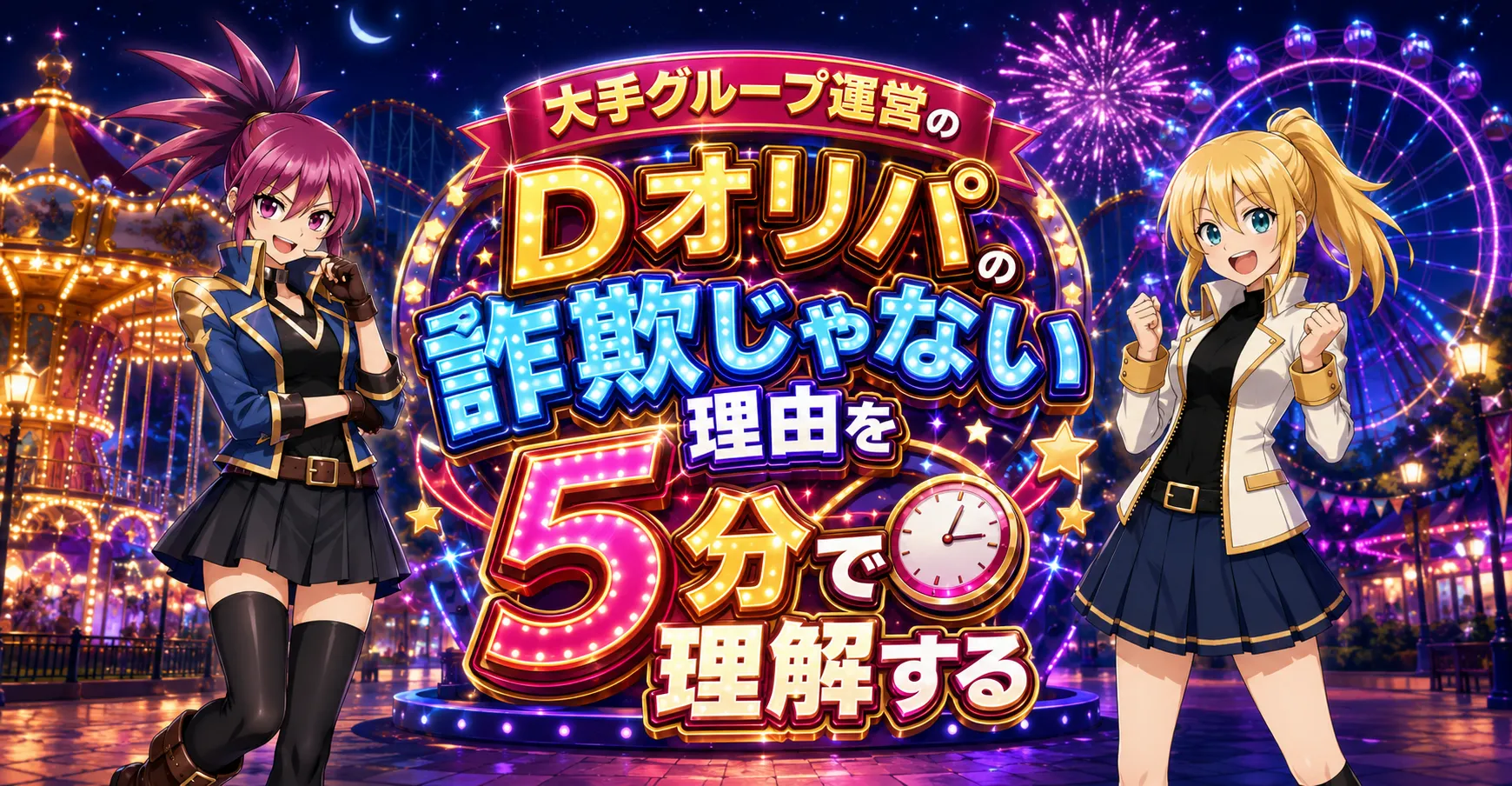 大手グループ運営のDオリパが詐欺ではない理由を5分で理解するためのアイキャッチ画像。遊園地の夜景や花火を背景に、「Dオリパの詐欺じゃない理由を5分で理解する」というテキストと、ポーズを決める紫色の髪と金髪の2人のキャラクターが描かれています。