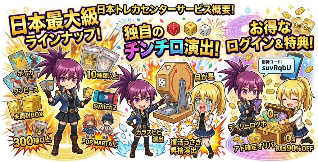 日本トレカセンターの特徴とサービス概要。ポケカやワンピースなどの豊富なラインナップ、独自のチンチロ演出、デイリーログボやアド確定オリパ等の特典を解説した図解