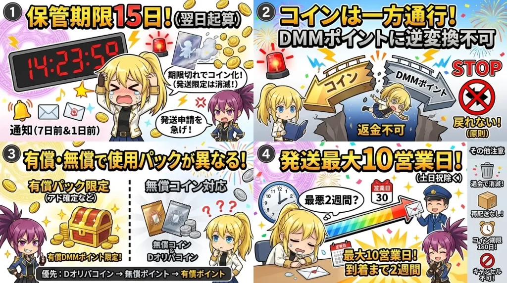 Dオリパ登録前の注意点をまとめた画像。保管期限15日(期限切れでコイン化・発送限定は消滅)、コインからDMMポイントへの逆変換不可・返金不可、有償・無償ポイントによる使用パックの違い、発送に最大10営業日(約2週間)かかる点、退会時の消滅やコイン期限180日などのその他注意点を解説しています。