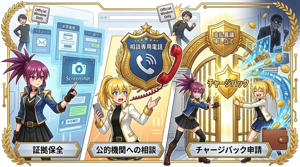 紫髪のアヤメと金髪のヒカリが冷静な表情で、オンラインオリパの被害に遭った際の正しい対処法（スクリーンショットでの証拠保全、消費者ホットライン・警察への相談、クレジットカードのチャージバック申請）の流れと、二次詐欺への注意を伝えるイメージ画像。