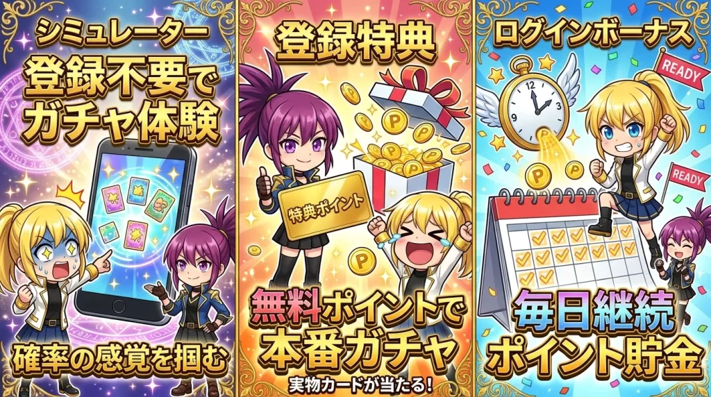 アヤメとヒカリがスマホを眺めながら、完全無料で試せるガチャシミュレーター、実際にカードが当たる登録特典のポイント、毎日コツコツ貯めるログインボーナスという、オリパを無料で体験する3つの方法を紹介している様子