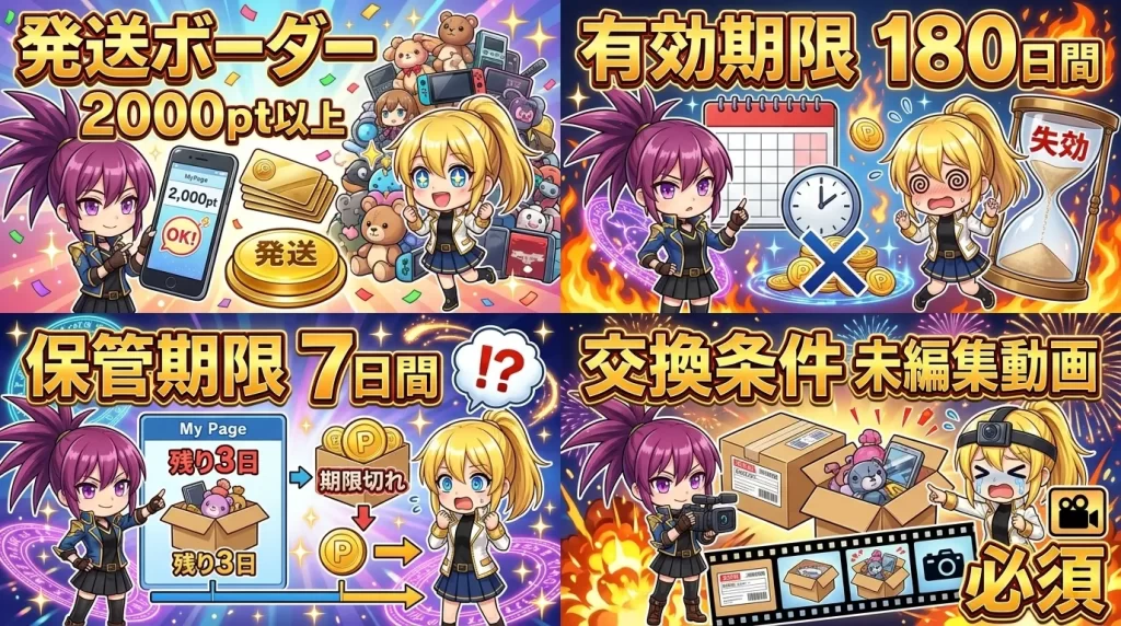 アヤメとヒカリがスマホを眺めながら、2,000ptの発送ボーダー、180日間のポイント有効期限、7日間の当選品保管期限、交換に必要な未編集の開封動画といった、発送やポイント、課金の注意点を確認している様子