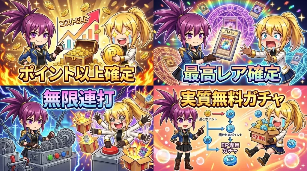 アヤメとヒカリがスマホを眺めながら、消費ポイント以上の還元がある「アド確定オリパ」や、外れるまで回し続けられる「αバースト」、貯めたポイントで回す「EPガチャ」など、イブガチャの多彩な独自システムにワクワクしている様子