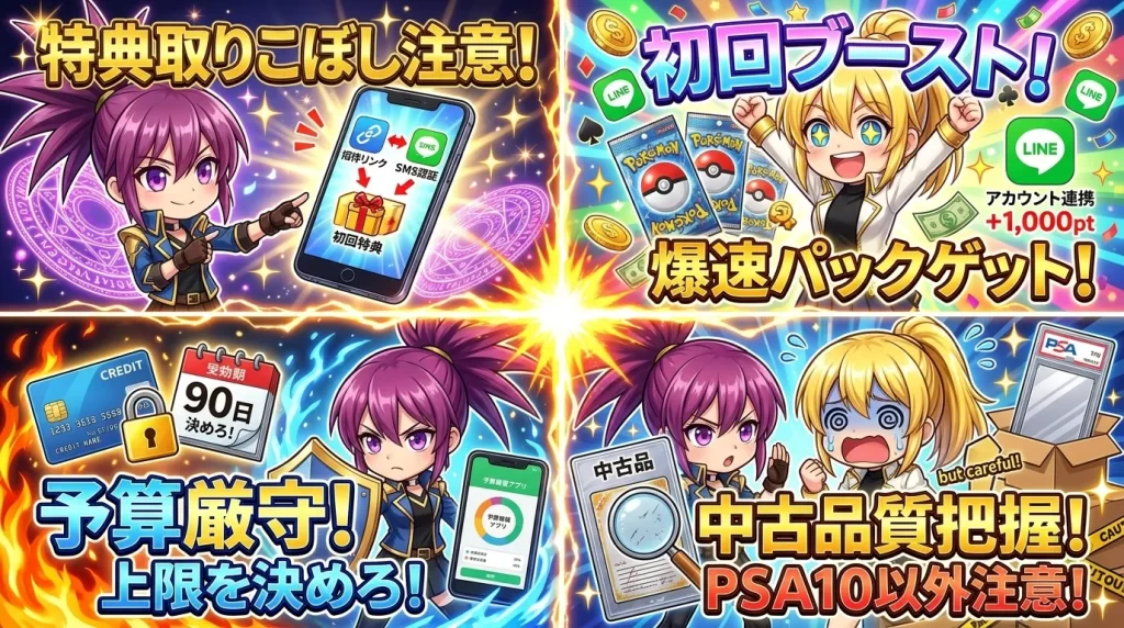 アヤメとヒカリがスマホを眺めながら、登録の手順や注意点、予算管理の大切さ、カードの品質など、初めてエクストレカを利用する前に知っておきたい重要ポイントを確認している様子