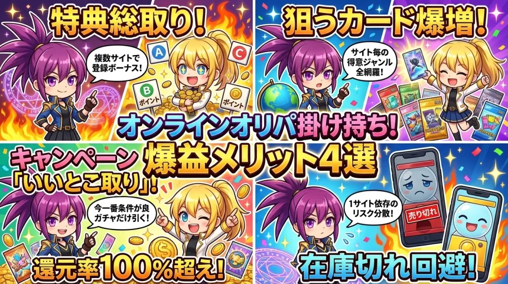 アヤメとヒカリがスマホを眺めながら、新規登録特典や豊富なカードラインナップ、在庫リスクの分散、豪華なキャンペーンガチャといった、複数サイトを掛け持つ4つのメリットにワクワクしている様子
