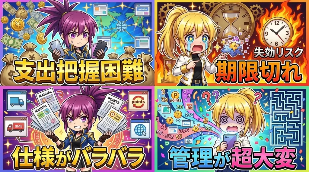 アヤメとヒカリがスマホを前に、使いすぎによる支出の把握の難しさやポイントの有効期限、サイトごとに異なる発送ルールや管理の手間に頭を悩ませている様子