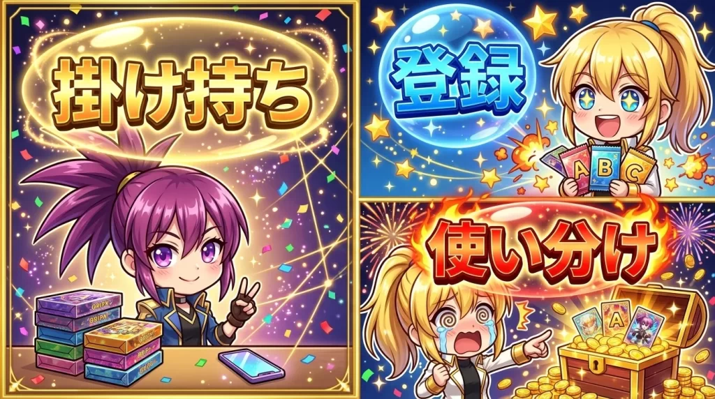 アヤメとヒカリが複数のオリパサイトが画面に映るスマホを手に持ち、メインとサブのサイトを上手に掛け持ちして使い分けるメリットについて紹介している様子