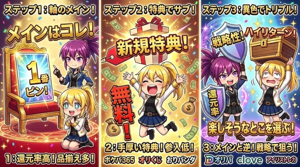 アヤメとヒカリがスマホを手に、メインサイトを軸にしながら新規特典付きのサブサイトや特徴の異なる第3のサイト（ポケパ365、Dオリパなど）をステップ順に組み合わせていく手順を紹介している様子