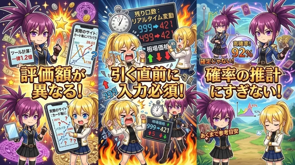 ツールの注意点(実際のサイトと評価額が異なる、残り口数のリアルタイム変化、残存チェックはあくまで確率の推計であること)をアヤメとヒカリが分かりやすく解説しているイラスト