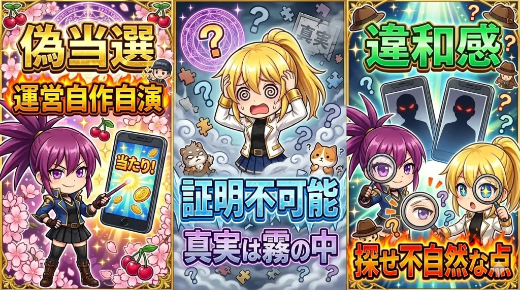 オリパの「サクラ投稿」の定義と捉え方を解説するアヤメとヒカリ。一般の当選報告とは異なり、運営側が演出として用意した偽の投稿であることや、明確な証明は難しいものの不自然な点から見極める視点を持つ重要性を表現したイメージ画像。
