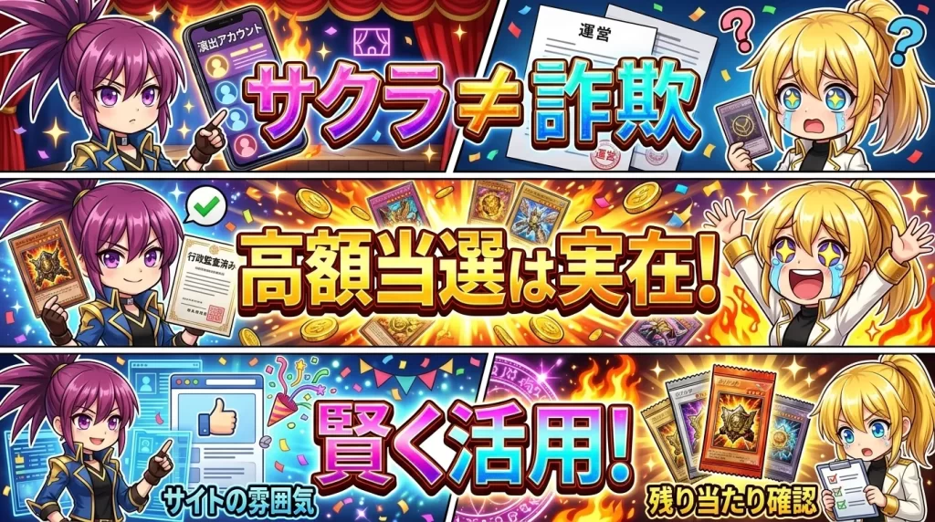 オリパの運営元の信頼性によるサイト選定(当選報告に頼らない判断、古物商許可番号や企業情報のチェック、大手・上場企業グループ運営サイトの信頼性)を解説するアヤメとヒカリ。SNSの当選報告の真偽に迷うよりも、運営会社情報の透明性や古物商許可番号の有無を確認する方が確実であること、大手・上場企業は不正リスクが極めて低いことを表現したイメージ画像。
