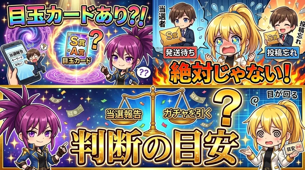 アヤメとヒカリがスマホを覗き込み、当選報告が見つからない場合でもまだ当たりカードが残っているとは限らないことや、引くかどうかの目安にすることを考えている様子