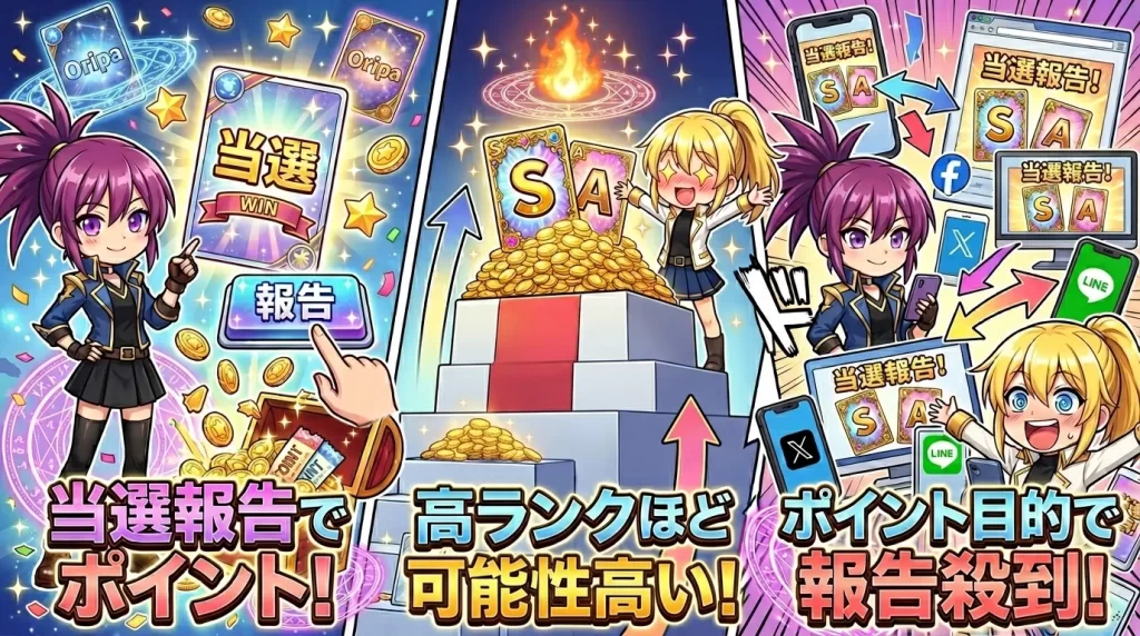 当選報告キャンペーンでアヤメとヒカリが高ランク(S賞・A賞)のカードを当ててポイントを獲得し、喜んでいる様子