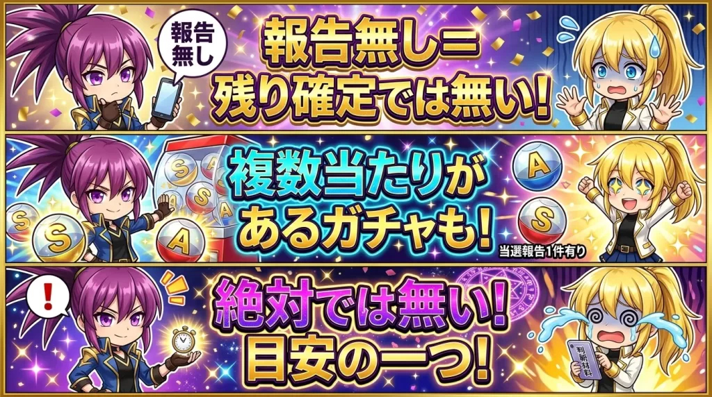 アヤメとヒカリがスマホを見ながら、当選報告がなくても当たりが残っている可能性や、あくまで判断の目安であることを話し合っている様子