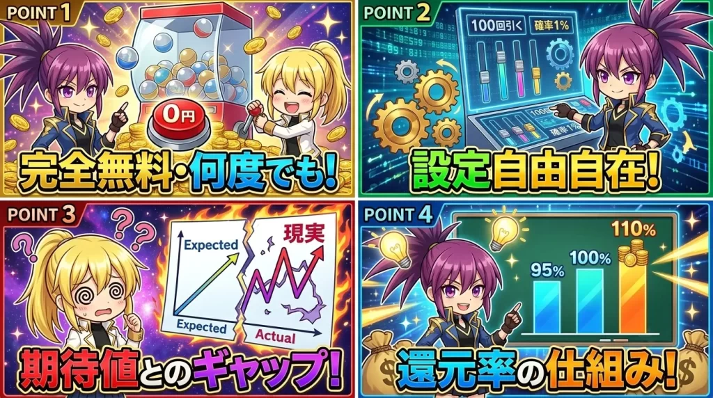 アヤメとヒカリが完全無料のオリパシミュレーターを紹介しているイラスト。還元率や確率を設定してガチャの感覚を体験・比較できるツールの概要イメージ。