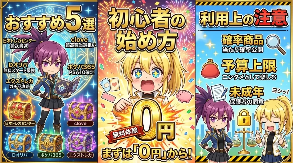 アヤメとヒカリが「まずは1つのオリパサイトから始めよう」と、紹介したおすすめ5サイトの特徴をまとめた、見た目で概要がわかるイラスト。