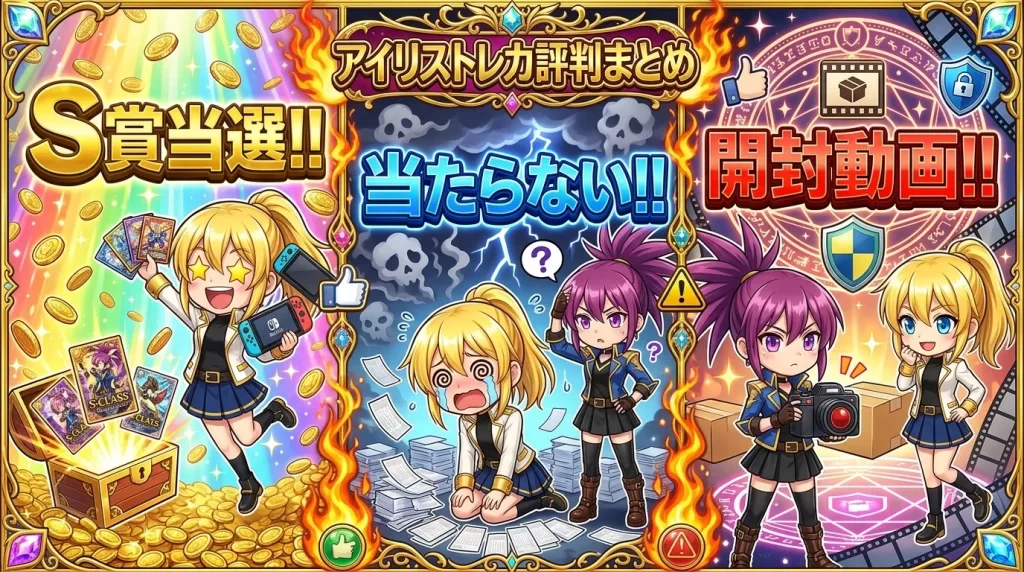 アヤメとヒカリがアイリストレカのポジティブな評判と注意点を比較解説する様子、グラフや数値ではなく表情やアイコンでメリットとリスクを表現したイメージ図