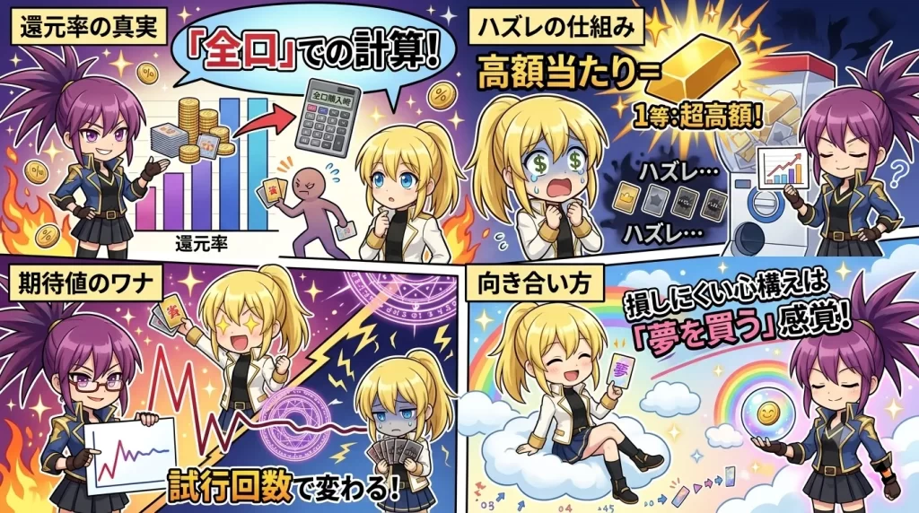 オリパの還元率と期待値の仕組みを解説するアヤメとヒカリのイメージイラスト。ガチャを全口買った場合の理論値と、一部だけを引いた場合の実際のバラつき（当たりとハズレの格差）について説明している図。