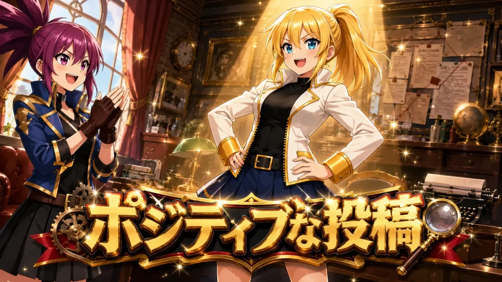 ユーザーの口コミ紹介で、ポジティブな投稿を紹介しているセクションの画像。自信満々なヒカリをアヤメが褒めている。