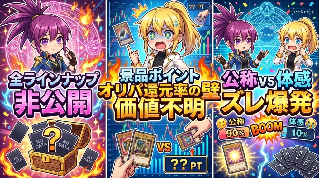 オリパの還元率計算における3つの壁(ラインナップ非公開・ポイント価値非公開・体感のズレ)に頭を悩ませるアヤメとヒカリ。一部の豪華な賞品だけが見えていて全体像が霧に包まれている様子や、数字の計算に行き詰まっている様子をコミカルに描き、計算の難しさを表現したイメージ画像。