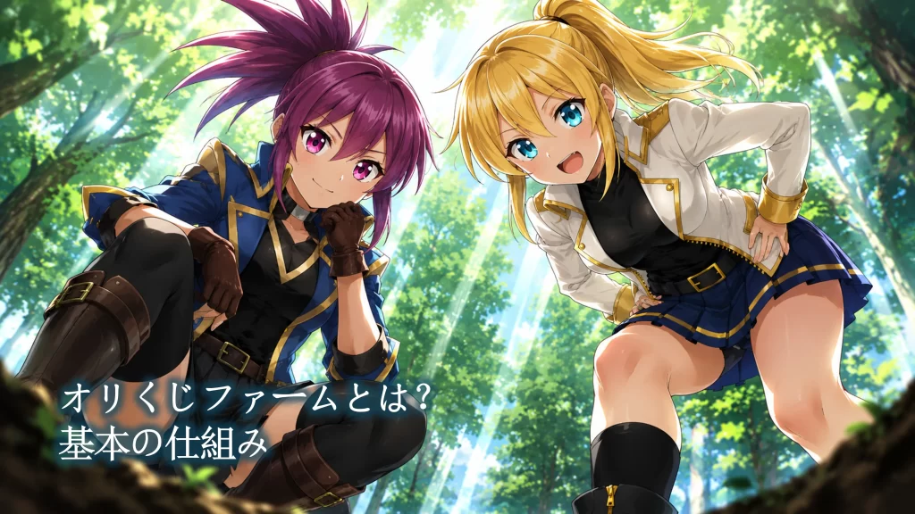 アヤメとヒカリがスマホを眺めながら、アプリ限定の育成ゲーム「オリくじファーム」の基本仕様（神樹を種から育ててLv7で奉納すると、オリジナルカードと本物のカードがもらえる仕組み）を確認している様子