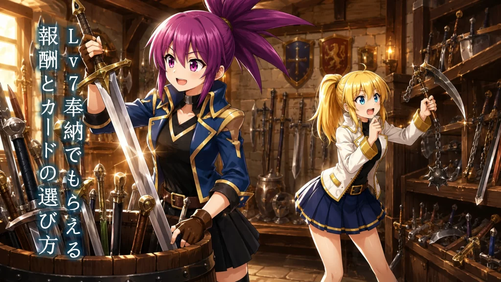 アヤメとヒカリがスマホを眺めながら、オリくじファームのLv7奉納報酬（SSR・SR・Rのランクとカードラインナップ）や、期待値との上手な付き合い方について確認している様子