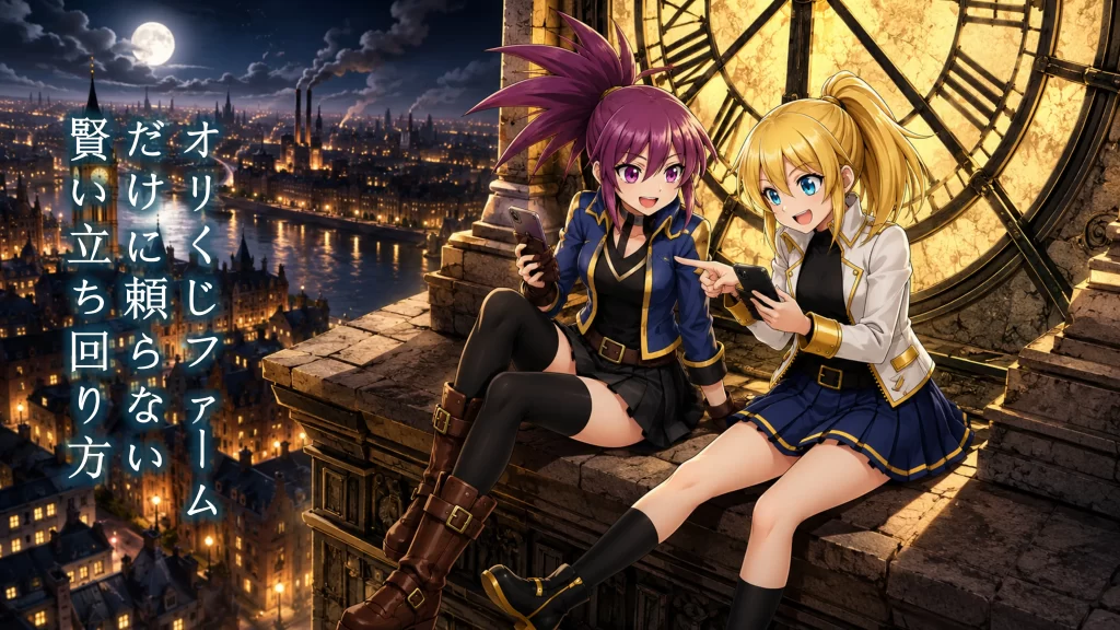 アヤメとヒカリがスマホを眺めながら、オリくじファームの無料要素を楽しみつつ、他のオリパサイトの特典も併用してバランスよく遊ぶ立ち回り方を紹介している様子
